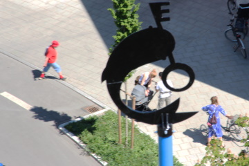 Blick auf die Spitze des Maibaums von der Drehleiter der Feuerwehr aus.